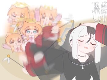 4girls absurdres afterimage animal_ears arms_up blue_archive blunt_bangs cat_teaser chibi choker commentary dual_persona earclip english_commentary grey_hair grey_halo halo highres hood hood_down hoodie horns horuhara kayoko_(blue_archive) kazusa_(blue_archive) long_hair long_sleeves mari_(blue_archive) meme motion_blur multicolored_hair multiple_girls naoya_hitting_choso_without_looking_(meme) neck_ribbon no_nose orange_hair pajamas parody pink_pajamas ribbon sleeves_past_wrists smile standing two-tone_hair v-shaped_eyebrows yellow_halo