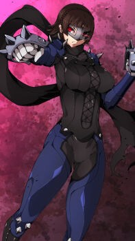 Rule 34 | biker clothes, bikesuit, black scarf, blue bodysuit, bodysuit, braid, brass knuckles, breasts, byakkun (byakkun8181), crown braid, eye trail, grey mask, highres, knee spikes, large breasts, light trail, long scarf, mask, metal mask, niijima makoto, persona, persona 5, queen (persona 5), scarf, shoulder spikes, spiked knuckles, spikes, weapon