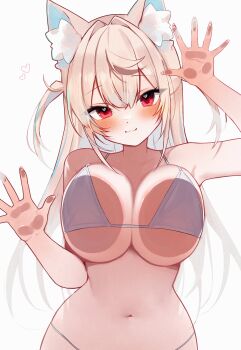 1girl :3 absurdres against_glass animal_ears bare_shoulders bikini blonde_hair blue_hair blush breast_press breasts breasts_on_glass closed_mouth colored_inner_animal_ears commentary dog_ears dog_girl fingernails fuwawa_abyssgard hair_intakes hand_on_glass hashtag-only_commentary heart heart_in_eye highres hololive hololive_english large_breasts long_hair looking_at_viewer meiwowowo multicolored_hair navel pink_eyes simple_background smile solo stomach streaked_hair swimsuit symbol_in_eye two-tone_hair two_side_up virtual_youtuber white_background white_bikini
