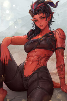Rule 34 | 1girl, abs, artist name, baldur's gate, baldur's gate 3, black hair, black pants, breasts, broken horn, brown hair, colored skin, demon girl, demon horns, demon tail, fingernails, highres, horns, karlach, knee up, large breasts, long hair, looking at viewer, multicolored hair, muscular, muscular female, pants, pointy ears, prywinko, red hair, red skin, sharp fingernails, shoulder tattoo, sitting, solo, tail, tattoo, tiefling, two-tone hair, underwear