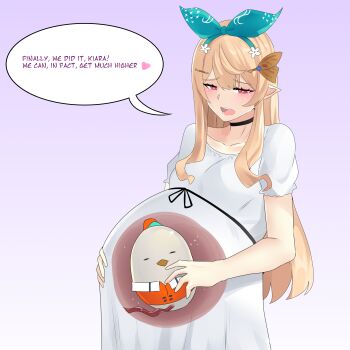 1girl absurdres big_belly black_choker blonde_hair choker dress egg english_text gradient_background green_hairband hair_ornament hairband hairclip hands_on_own_stomach heart heart-shaped_pupils highres hololive hololive_english kfp kfp_employee_(takanashi_kiara) kuroeart long_hair nijisanji nijisanji_en open_mouth pointy_ears pomu_rainpuff pregnant purple_background red_eyes short_sleeves speech_bubble symbol-shaped_pupils takanashi_kiara teeth upper_teeth_only virtual_youtuber what white_dress x-ray