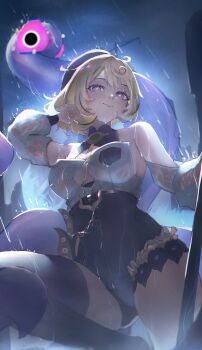 1girl absurdres arm_up asymmetrical_shorts bare_shoulders beret black_hat black_shorts blonde_hair blush breasts button_gap chain cleavage closed_mouth commentary_request cowlick detached_sleeves feet_out_of_frame hand_in_own_hair hat high-waist_shorts highres large_breasts leg_up looking_at_viewer mole mole_under_mouth monster_girl night night_sky outdoors purple_eyes rain scylla shirt shirt_tucked_in short_hair shorts single_thighhigh sky solo suction_cups tentacle_girl tentacle_tail tentacles thighhighs wet wet_clothes wet_hair white_shirt white_sleeves yawww_(yawwwart) yidhari_murphy zenless_zone_zero