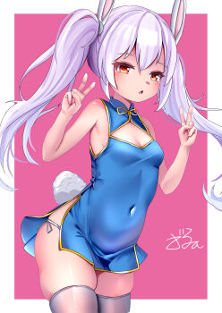 1girl animal_ears azur_lane blue_dress breasts china_dress chinese_clothes commentary_request covered_navel dedorudy double_v dress highres laffey_(azur_lane) long_hair panties rabbit_ears rabbit_tail small_breasts solo tail thighhighs twintails underwear v white_thighhighs