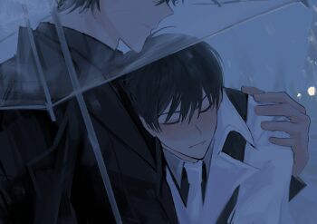 2boys black_coat black_hair black_shirt black_vest blush closed_eyes coat dark hand_on_another's_shoulder heads_together highres keomikan kim_dokja male_focus multiple_boys necktie omniscient_reader's_viewpoint out_of_frame rain shirt short_hair upper_body vest white_necktie white_shirt yaoi yoo_joonghyuk