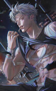 Rule 34 | 1boy, abs, bandaged arm, bandaged torso, bandaged wrist, bandages, black feathers, black pants, black shirt, city lights, clothes lift, falling feathers, feathers, grey hair, highres, love and deepspace, male focus, male underwear, munjilly, muscular, muscular male, navel, necklace in mouth, open fly, pants, parted bangs, parted lips, pectorals, red eyes, shirt, shirt lift, short hair, sleeveless, sleeveless shirt, solo, sylus (love and deepspace), twintails, underwear, white male underwear