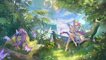 1girl absurdres alternate_size bare_legs bare_shoulders barefoot benzi_li bird blush breasts bug butterfly castorice_(honkai:_star_rail) castorice_(star_rail_live_2025)_(honkai:_star_rail) cleavage closed_eyes closed_mouth commentary_request dappled_sunlight day dragon dress facing_viewer floating_hair flower forest full_body grass happy harp highres holding holding_harp holding_instrument honkai:_star_rail honkai_(series) insect instrument jewelry kephale_(honkai:_star_rail) long_hair low_twintails medium_breasts music nail_polish nature necklace pollux_(honkai:_star_rail) off-shoulder_dress off_shoulder official_alternate_costume outdoors pearl_necklace playing_instrument pointy_ears purple_butterfly purple_hair purple_nails small_dragon smile sunlight tiara toenail_polish toenails toes tree twintails very_long_hair white_bird white_dress