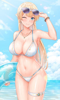 1girl absurdres aqua_eyes bikini blonde_hair blue_nails breasts cleavage day earrings eyewear_on_head highres holding holding_swim_ring innertube jewelry large_breasts long_hair looking_at_viewer navel necklace ocean one_eye_closed original pendant see-through_clothes smile solo standing sunglasses swim_ring swimsuit thigh_strap uki_(kiw_kiu) wet wet_clothes white_bikini