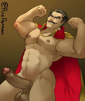 1boy alternate_body_hair bara cape cowboy_shot dio_(final_fantasy) double_biceps_pose erection facial_hair final_fantasy final_fantasy_vii final_fantasy_vii_rebirth final_fantasy_vii_remake flexing foreskin girthy_penis highres large_pectorals long_mustache looking_at_viewer male_focus mature_male muscular muscular_legs muscular_male mustache naked_cape navel nipples no_shirt pectorals penis red_cape rick_penman seductive_smile short_hair smile solo standing stomach strongman_waist thick_eyebrows thighs tsurime uncensored