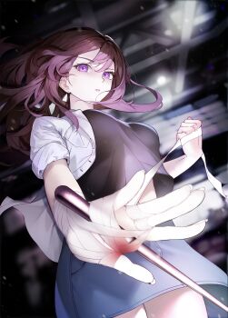 Rule 34 | 1girl, absurdres, artist request, bandages, bang dream!, bang dream! it's mygo!!!!!, black shirt, blue skirt, breasts, brown hair, chinese commentary, commentary request, commission, dd wan su, drumsticks, earrings, highres, holding, holding drumsticks, jacket, jewelry, light particles, long hair, medium breasts, midriff, mole, mole under eye, open clothes, open jacket, open mouth, purple eyes, second-party source, shiina taki, shirt, skirt, solo, white jacket