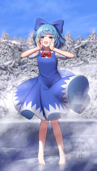 Rule 34 | 1girl, absurdres, barefoot, beckody, blue bow, blue dress, blue eyes, blue hair, blue sky, blush, bow, bowtie, cirno, cloud, collared shirt, commentary request, day, detached wings, dress, full body, hair bow, highres, ice, ice wings, looking at viewer, open mouth, outdoors, pinafore dress, puffy short sleeves, puffy sleeves, red bow, red bowtie, shirt, short sleeves, sky, sleeveless, sleeveless dress, smile, solo, toes, touhou, tree, watermark, white shirt, wings