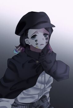 1boy aegyo_sal aqua_eyes arms_at_sides asymmetrical_bangs black_capelet black_hat buttons capelet colored_tips commentary_request cowboy_shot demon_boy enmu_(kimetsu_no_yaiba) facial_mark gradient_background grey_background grey_pants hakama hakama_pants hat headwear_request highres hinshi_(mumunu_enm) japanese_clothes kimetsu_no_yaiba looking_at_viewer male_focus medium_hair multicolored_hair open_mouth pants pinstripe_pants pinstripe_pattern shirt solo symbol-shaped_pupils taishou tareme tears_facial_mark trap white_shirt wing_collar