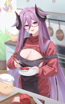 1girl absurdres apron azur_lane black-framed_eyewear black_apron black_horns breast_cutout breasts chopsticks cleavage collared_sweater commentary_request curled_horns cutting_board fish_(food) food friedrich_carl_(a_game_of_love)_(azur_lane) friedrich_carl_(azur_lane) glasses highres holding holding_chopsticks horns indoors kafeifeifeifeifeifei_jiemo_jun kitchen large_breasts long_hair long_sleeves looking_at_viewer manjuu_(azur_lane) mole mole_on_breast mole_under_mouth nigirizushi official_alternate_costume purple_eyes purple_hair red_sweater stove sushi sweater very_long_hair