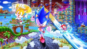 1up 4boys absurdres animal_ears animal_nose arms_up arrow_(symbol) bald black_eyes blastoid blue_eyes blue_fur blue_hair blue_sky body_fur bubble bugernaut building bush buzz_bomber chain classic_sonic clenched_hands closed_mouth cloud commission crabmeat day dr._eggman facial_hair flower flying fox_boy fox_ears fox_tail full_body furry furry_male gloves grabber_(sonic) grass green_hill_zone happy highres in_bubble jawz_(sonic) knuckles_the_echidna leg_up long_hair looking_at_viewer lying male_focus mega_chopper motion_blur moto_bug mountain multiple_boys mustache on_back open_mouth outdoors outstretched_arms pointdexter purple_flower red_eyes red_footwear red_fur red_hair red_sky reflection reflective_liquid ring_(sonic) rocket running running_towards_viewer shoes sideways_mouth sky skyscraper smile socks sonic_(series) sonic_cd sonic_the_hedgehog sonic_the_hedgehog_(classic) sonic_the_hedgehog_1 sonic_the_hedgehog_2 sonic_the_hedgehog_3 spiked_gloves spiked_hair spikes spiny_(sonic) spread_legs sunflower tail tails_(sonic) totem tree tripplejaz turbo_spiker two-tone_fur water water_slide white_fur white_gloves white_legwear wrecking_ball yellow_flower yellow_fur