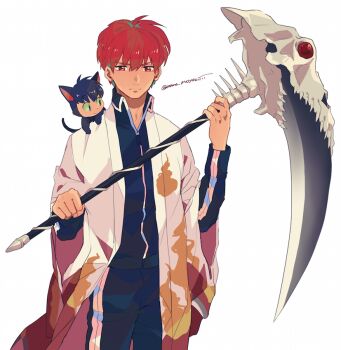 Rule 34 | 2boys, black jacket, commentary request, cowboy shot, creature, creature on shoulder, haori, holding, holding scythe, human head, jacket, japanese clothes, kyoukai no rinne, looking at viewer, male focus, mame moyashi, multiple boys, on shoulder, red eyes, red hair, rokudou sabato, rokumon, scythe, short hair, simple background, white background