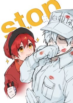 1boy 1girl absurdres ae-3803 baseball_cap blush breast_pocket closed_eyes closed_mouth collared_shirt commentary_request covering_own_mouth embarrassed english_text flying_sweatdrops gloves hair_between_eyes hair_over_one_eye hat hataraku_saibou highres holding holding_brush holding_makeup_brush lipstick lipstick_mark long_sleeves makeup makeup_brush pocket red_blood_cell_(hataraku_saibou) red_hair red_hat red_shirt rougui_(he_fengyu) shirt smile standing u-1146 upper_body white_blood_cell_(hataraku_saibou) white_gloves white_hair white_hat white_shirt yellow_eyes