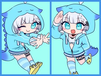 1girl :d ahoge animal_hood animal_slippers arm_up asymmetrical_legwear blue_border blue_eyes blue_hoodie blue_socks blunt_bangs blush border borrowed_character braid character_request closed_mouth collarbone commentary_request dinosaur_hood dinosaur_tail drawstring full_body gradient_clothes green_background hair_ornament hand_in_pocket hands_up happy highres hood hood_up hoodie kneehighs long_sleeves looking_at_viewer medium_hair midriff multiple_views navel no_nose one_eye_closed op_na_yarou open_mouth original override_(synthesizer_v) partially_unzipped sidelocks simple_background single_braid slippers smile socks standing standing_on_one_leg striped_clothes striped_socks tail thigh_strap thighs uneven_legwear v-shaped_eyebrows white_hair yellow_slippers