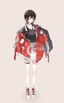 Rule 34 | 1girl, asymmetrical legwear, ayn alwyn, backpack, bag, bag charm, bandaid, bandaid on neck, black bag, black choker, black gloves, black hair, black shirt, charm (object), chinese commentary, choker, closed mouth, collarbone, crew neck, earrings, expressionless, fingerless gloves, full body, genderswap, genderswap (mtf), gloves, grey shoes, grey socks, hair between eyes, hand up, headphones, headphones around neck, high tops, highres, holding, holding bag, holding stuffed toy, jacket, jewelry, long sleeves, looking at viewer, lovebrush chronicles, miniskirt, multicolored shoes, open clothes, open jacket, platform shoes, pleated skirt, red eyes, red jacket, red shoes, ribbon, sample watermark, shirt, shirt tucked in, shoes, short hair, simple background, single earring, single off shoulder, skirt, sneakers, socks, solo, standing, stuffed animal, stuffed rabbit, stuffed toy, thigh strap, two-tone shoes, uneven legwear, watermark, white background, white skirt, white socks, wrist ribbon, zongsi600