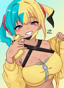 1girl artist_name bare_shoulders blush breasts canari_(pokemon) cleavage highres large_breasts leopxl long_sleeves looking_at_viewer mask mask_pull multicolored_hair nintendo pokemon pokemon_legends:_z-a purple_eyes rotom rotom_phone twintails two-tone_hair two-tone_mask zipper_pull_tab