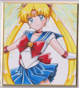 back_bow bishoujo_senshi_sailor_moon blue_eyes blue_sailor_collar blue_skirt bow bowtie chikoto_(kztc4472) choker circlet collarbone crescent crescent_earrings double_bun earrings elbow_gloves gem gloves hair_bun hair_ornament highres jewelry lips looking_at_viewer parted_bangs pleated_skirt red_bow red_bowtie red_choker red_gemstone sailor_collar sailor_moon shirt skirt smile traditional_media transformation_brooch_(sailor_moon) tsukino_usagi twintails white_shirt