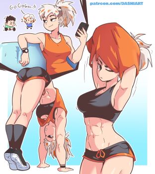 >_< 1boy 2girls :o abs armpits arms_up bare_shoulders black_hair black_shoes black_shorts black_socks black_sports_bra blue_shirt breasts chibi chibi_inset cleavage closed_mouth commentary dashi_(dashiart) earbuds earphones exercising eyelashes green_shirt highres liz_(dashi) long_hair mole mole_under_eye multicolored_hair multiple_girls multiple_views nina_(dashi) one_eye_closed open_mouth orange_hair orange_shirt orange_tank_top original outline patreon_username ponytail shirt shoes short_hair shorts sleeveless sleeveless_shirt smile socks sports_bra sweat tank_top toned toned_female two-tone_hair undercut undressing v-shaped_eyebrows watch watermark web_address weightlifting white_background white_hair white_outline wristwatch