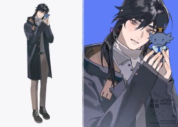 1boy black_coat black_hair black_shoes cao_cao_(shin_sangoku_musou) coat collared_shirt contemporary full_body grey_eyes grey_pants grey_shirt hair_between_eyes hair_over_shoulder hair_ribbon highres holding holding_toy light_blush long_hair low_ponytail male_focus p3ach0520 pale_skin pants parted_lips ponytail red_ribbon ribbon shin_sangoku_musou shin_sangoku_musou_origins shirt shirt_under_shirt shoes solo toy upper_body white_shirt xun_yu_(shin_sangoku_musou)