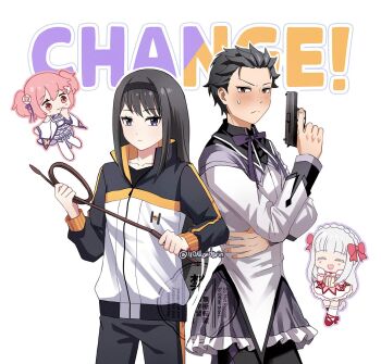 Rule 34 | 1boy, 3girls, akemi homura, akemi homura (cosplay), akemi homura (magical girl), black hair, black pants, bow, brown eyes, chibi, closed eyes, commentary request, cosplay, costume switch, cowboy shot, crossdressing, crossdressing (mtf), dress, emilia (re:zero), emilia (re:zero) (cosplay), english text, grey hair, gun, hair bow, handgun, highres, holding, holding gun, holding weapon, holding whip, jacket, kaname madoka, kaname madoka (cosplay), kaname madoka (magical girl), mahou shoujo madoka magica, mandarin cookie, multiple girls, natsuki subaru, natsuki subaru (cosplay), pants, pink bow, pink eyes, pink hair, purple eyes, re:zero kara hajimeru isekai seikatsu, simple background, track jacket, weapon, white background