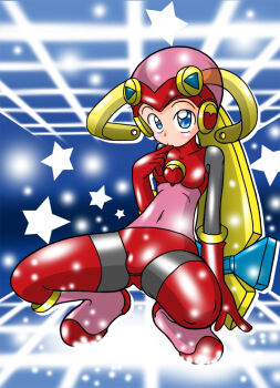 1girl android arm_support blonde_hair boots bow breasts commentary_request covered_navel elbow_gloves full_body gloves hair_bow helmet mega_man_(series) mega_man_battle_network_(series) pink_boots pink_hair pink_helmet red_gloves roll.exe_(mega_man) small_breasts solo star_(symbol) yorunoko