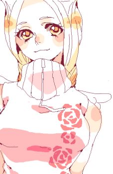 1girl akizuki_hakuto antenna_hair bad_id bad_pixiv_id blonde_hair braid braided_twintails commentary_request conis_(one_piece) dress floral_print light_smile looking_at_viewer one_piece pink_dress simple_background sleeveless sleeveless_dress smile solo turtleneck turtleneck_dress twintails upper_body white_background white_wings wings