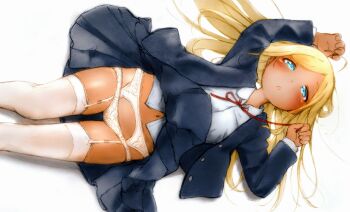 Rule 34 | 1girl, absurdres, blonde hair, blue eyes, blush, clothes lift, garter belt, garter straps, highres, idolmaster, idolmaster cinderella girls, jacket, layla (idolmaster), lingerie, long hair, looking at viewer, lying, mugenhouyou, on back, open clothes, open jacket, open mouth, panties, skirt, skirt lift, solo, thighhighs, underwear, white panties, white thighhighs