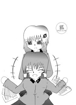 Rule 34 | absurdres, anger vein, dated, doggo 1d34, girls und panzer, girls und panzer little army, highres, itsumi erika, kuromorimine school uniform, monochrome, one-hour drawing challenge, school uniform, sheska (girls und panzer), shirt, signature, tears, waving arms