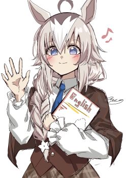 1girl absurdres ahoge amaxa animal_ears blue_eyes blue_necktie blush book braid brown_vest collared_shirt commentary_request cowboy_shot grey_hair highres holding holding_book horse_ears horse_girl long_hair looking_at_viewer multicolored_hair musical_note necktie oguri_cap_(umamusume) shirt smile solo textbook umamusume vest waving white_hair white_shirt