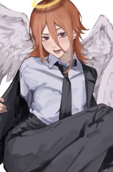 1boy androgynous angel_devil_(chainsaw_man) angel_wings black_necktie black_pants black_suit blush brown_eyes brown_hair chainsaw_man formal_clothes hair_between_eyes halo highres kohaa_ku long_hair looking_at_viewer necktie open_clothes open_mouth open_shirt pants raised_eyebrows shirt sitting solo suit trap white_background white_shirt wings