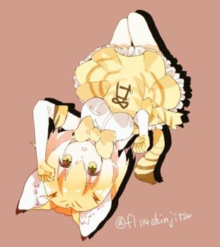 1girl animal_ear_fluff animal_ears blonde_hair bow bowtie breasts brown_background cat_ears cat_girl cat_tail commentary_request elbow_gloves frilled_skirt frills full_body gloves kemono_friends looking_at_viewer medium_breasts open_mouth sand_cat_(kemono_friends) shinjitsu_no_kuchi shirt short_hair simple_background skirt sleeveless sleeveless_shirt solo tail upside-down white_gloves white_shirt yellow_bow yellow_bowtie yellow_eyes yellow_skirt