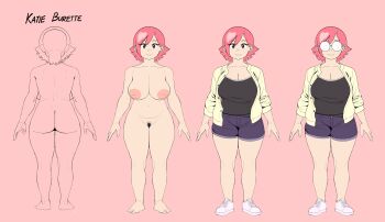 1girl absurdres black_pubic_hair black_tank_top breasts cardigan character_name cleavage coke-bottle_glasses commentary denim denim_shorts english_commentary full_body glasses highres huge_breasts katie_burette_(pomki) large_areolae looking_at_viewer opaque_glasses original pink_background pink_eyes pink_hair pomki reference_sheet round_eyewear shoes shorts simple_background smile sneakers solo straight-on tank_top white_shoes