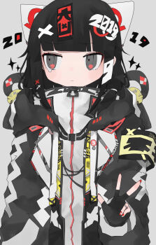 1girl 2019 :| animal_ears animal_hair_ornament armband black_gloves black_hair black_jacket blunt_bangs brown_nails buckle closed_mouth clothes_writing commentary_request drawn_ears drawstring expressionless fake_animal_ears fingerless_gloves gloves grey_background grey_eyes hair_ornament hairclip hand_up high_collar highres hood hood_down hooded_jacket jacket letter_hair_ornament long_hair long_sleeves looking_at_viewer looking_to_the_side nail_polish nukunuku_nigirimeshi open_clothes open_jacket original red_nails simple_background single_tear snap-fit_buckle solo sparkle turtleneck upper_body w wavy_eyes x_hair_ornament zipper zipper_pull_tab