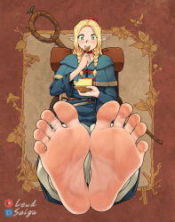 Rule 34 | 1girl, backpack, bag, barefoot, belt, blonde hair, blue dress, blush, cake, cake slice, cape, choker, dress, dungeon meshi, eating, elf, food, green eyes, holding, holding food, leaf, lewdsaiga, long hair, long sleeves, looking at food, marcille donato, mushroom, patreon logo, patreon username, pixiv logo, pixiv username, pointy ears, red choker, sitting, soles, solo, spoon, staff, toes, twintails, utensil in mouth, wooden staff
