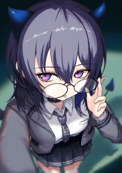 1girl absurdres adjusting_eyewear arm_up black_hair black_skirt blue_horns blurry breasts candy closed_mouth collared_shirt commentary_request demon_horns demon_tail demon_wings depth_of_field ear_piercing earrings fmg food food_in_mouth foreshortening glasses grey_jacket grey_necktie hair_between_eyes hand_up highres horns ichinose_uruha ichinose_uruha_(6th_costume) jacket jewelry lollipop lollipop_in_mouth long_sleeves looking_at_viewer medium_breasts necktie open_clothes open_jacket piercing pleated_skirt purple_eyes round_eyewear school_uniform shirt short_hair skirt solo tail virtual_youtuber vspo! white_shirt wings