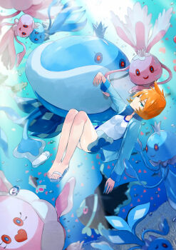 1girl air_bubble bad_id bad_pixiv_id blue_eyes blue_jacket breasts bubble closed_mouth colored_sclera competition_swimsuit finneon fish flip-flops frillish frillish_(female) frillish_(male) gen_4_pokemon gen_5_pokemon highres holding_breath jacket jellicent jellicent_(female) jellicent_(male) ka_isui light_rays long_sleeves lumineon misty_(pokemon) nintendo one-piece_swimsuit open_clothes open_jacket orange_hair pokemon pokemon_(creature) pokemon_hgss sandals shoes short_hair single_shoe smile submerged swimsuit swimsuit_under_clothes toes underwater unworn_sandals white_one-piece_swimsuit