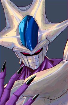 Rule 34 | 1boy, absurdres, alien, armor, black nails, breastplate, colored skin, commentary, cooler (dragon ball), cooler (fifth form) (dragon ball), dragon ball, dragonball z, fingernails, grey background, highres, horns, looking at viewer, male focus, mask, mokorakugaki, mouth mask, muscular, muscular male, no pupils, purple skin, red eyes, sharp fingernails, simple background, solo, upper body