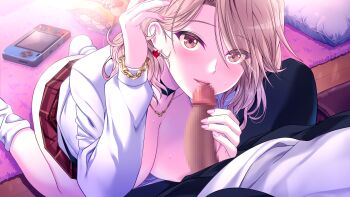 1boy 1girl blonde_hair breasts brown_eyes censored game_cg hayama_hinano highres jacket jewelry kyokugen_chikan_tokuiten_neo large_breasts looking_at_viewer m&amp;m_(mickey_and_mackey) necklace nintendo_switch open_clothes open_jacket penis pov red_skirt skirt smile