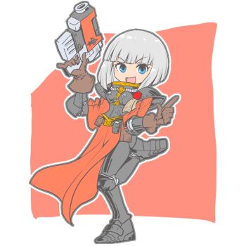 Rule 34 | 1girl, adepta sororitas, armor, blue eyes, bolter, breasts, brown gloves, explosive, fleur-de-lis, gloves, grenade, gun, holding, holding bolter, holding weapon, looking at viewer, mr kunimitsu, open mouth, pauldrons, pointing, power armor, purity seal, short hair, shoulder armor, simple background, skull, solo, warhammer 40k, weapon, white hair