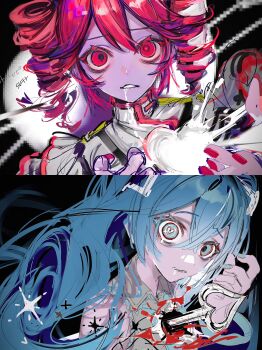 2girls absurdres arrow_through_heart bad_id bad_twitter_id black_background blood blood_from_mouth blue_eyes blue_hair drill_hair grey_jacket hair_between_eyes hands_up hatsune_miku heart heart_in_eye heart_out_of_chest highres impaled jacket kasane_teto kasane_teto_(sv) long_hair looking_at_viewer multiple_girls nail_polish nept_o parted_lips red_eyes red_hair red_nails sideways sparkle split_screen symbol_in_eye synthesizer_v twin_drills twintails upper_body utau vocaloid