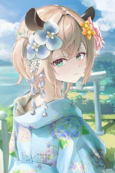 Rule 34 | 1girl, absurdres, alternate costume, animal ears, blue flower, blue kimono, brown hair, chia-yu huang, closed mouth, commentary, english commentary, flower, green eyes, hair flower, hair ornament, highres, indie virtual youtuber, japanese clothes, kimono, looking at viewer, medium hair, nimi nightmare, pink flower, smile, solo, tapir ears, tapir girl, virtual youtuber, yellow flower