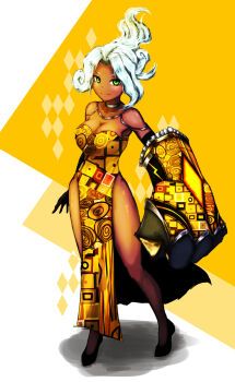 Rule 34 | absurdres, artist request, breasts, cleavage, dark-skinned female, dark skin, dress, evening gown, gauntlets, green eyes, highres, jewelry, king of greed, library of ruina, lobotomy corporation, magical girl, necklace, project moon, sleeveless, sleeveless dress, white hair