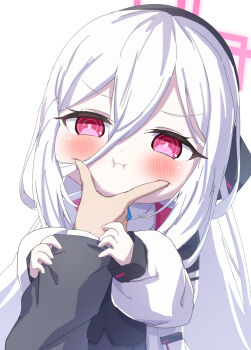 Rule 34 | 1boy, 1girl, :i, blue archive, blush, cheek squash, commentary request, deformed, hair between eyes, halo, highres, jacket, kei (blue archive), kei (new body) (blue archive), long hair, long hair between eyes, looking at another, masaki (msk064), pink eyes, pov, pov hands, ringed eyes, sensei (blue archive), simple background, very long hair, white background, white hair, white jacket