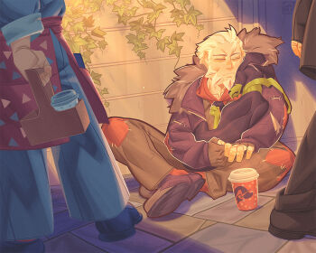 1girl 2boys apron beard black_gloves black_jacket black_pants blue_pants blue_shirt closed_eyes closed_mouth commentary cup disposable_coffee_cup disposable_cup dk_(den_ai_d) dog english_commentary facial_hair fingerless_gloves fur-trimmed_jacket fur_trim gen_6_pokemon gloves highres holding holding_pokemon jacket legendary_pokemon long_sleeves lysandre_(pokemon) multiple_boys nintendo outdoors pants patchwork_clothes pokemon pokemon_(creature) pokemon_legends:_z-a shirt shoes sleeping spiked_hair zygarde zygarde_(10%)