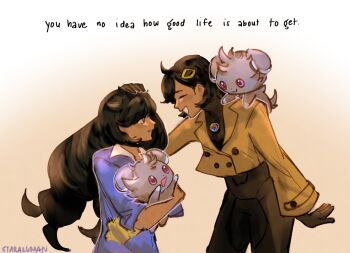 1girl 1other age_progression before_and_after black_bodysuit black_hair blue_sweater bodysuit bodysuit_under_clothes breasts brown_jacket closed_mouth dark-skinned_female dark_skin emma_(pokemon) espurr gen_6_pokemon gloves hair_ornament headpat highres holding holding_pokemon jacket long_hair mega_stone multiple_persona nintendo on_shoulder open_mouth patch pokemon pokemon_(creature) pokemon_legends:_z-a pokemon_on_shoulder pokemon_xy purple_eyes short_hair smile stardaroi sweater