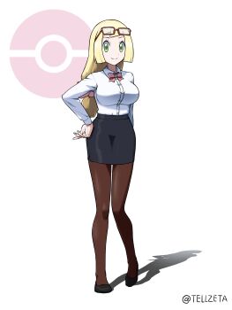 1girl absurdres alternate_breast_size_(larger) alternate_costume black_shoes black_skirt blonde_hair bow bowtie breasts brown_pantyhose buttons closed_mouth collared_shirt commentary_request commission eyelashes eyewear_on_head full_body glasses green_eyes hand_on_own_hip highres lillie_(pokemon) long_hair long_sleeves looking_at_viewer nintendo pantyhose pink_bow pink_bowtie poke_ball_symbol pokemon pokemon_sm shirt shoes skeb_commission skirt smile solo standing tellzeta watermark white_background white_shirt