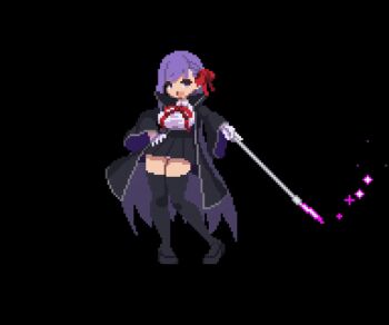 1girl animated animated_gif bb_(fate) breasts coat fate/grand_order fate_(series) gloves hand_on_own_hip long_hair panties purple_eyes purple_hair sesuji07 shirt skirt thick_thighs thighhighs thighs underwear wand