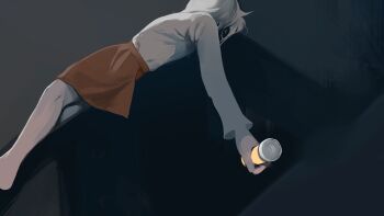 1girl angela_he bob_cut bottle brown_skirt drugs feet_out_of_frame highres holding holding_bottle long_sleeves lying non-web_source official_art on_ground on_side shirt shirt_tucked_in short_hair skirt solo white_hair white_shirt you_left_me